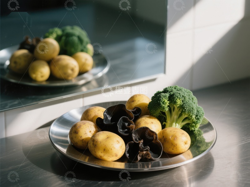 高清大图下载【趣麦麦图】盘中土豆、西兰花与木耳的静物组合