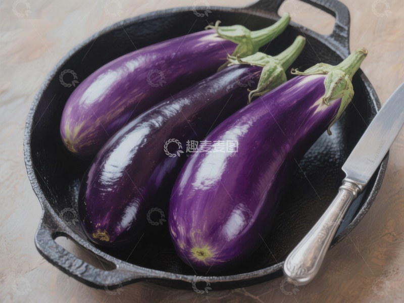高清大图下载【趣麦麦图】铸铁锅中的紫色茄子