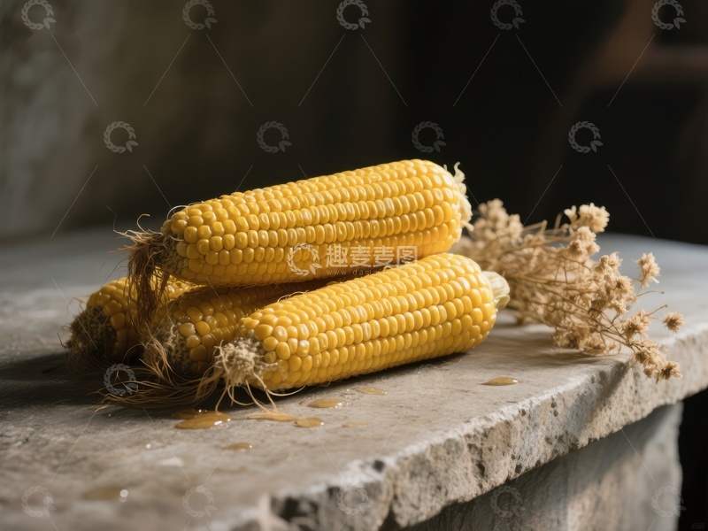 高清大图下载【趣麦麦图】新鲜玉米堆叠在石台上