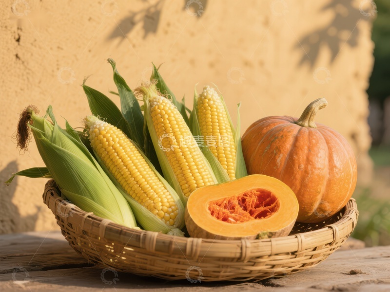 高清大图下载【趣麦麦图】篮子里的玉米和南瓜