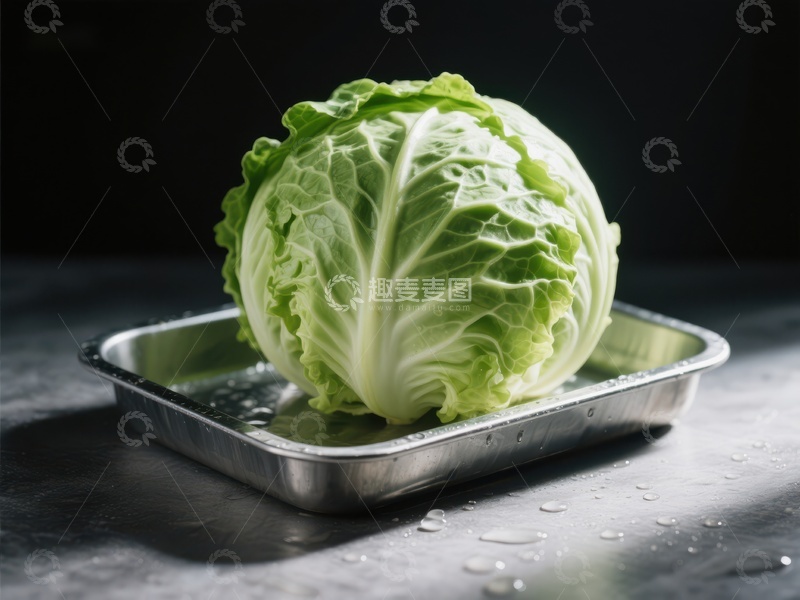 高清大图下载【趣麦麦图】新鲜卷心菜置于金属托盘