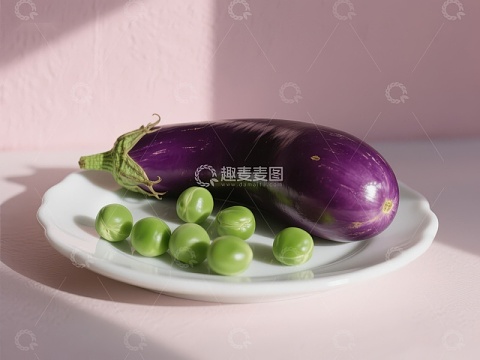 紫色茄子与绿色豌豆的静物组合