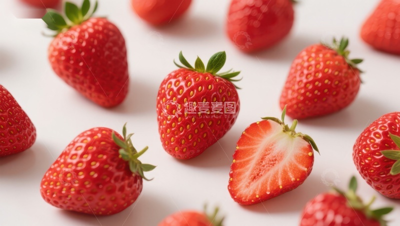 高清大图下载【趣麦麦图】新鲜草莓特写，色泽鲜艳诱人