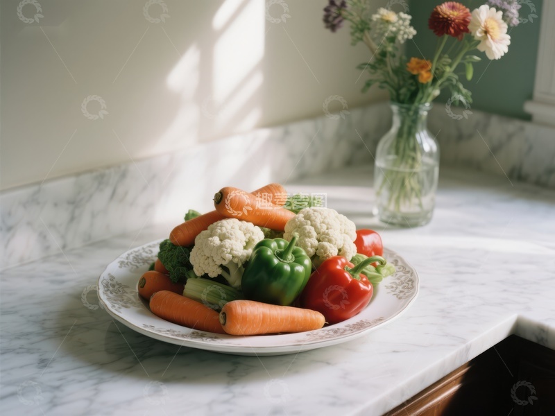 高清大图下载【趣麦麦图】新鲜蔬菜与花卉的静谧厨房一角