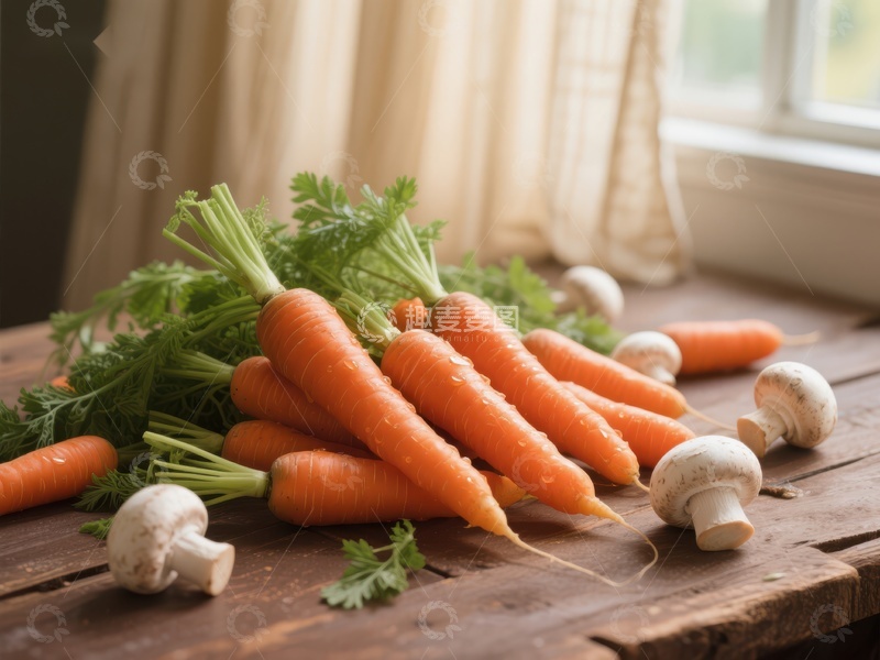 高清大图下载【趣麦麦图】新鲜胡萝卜与蘑菇静物图