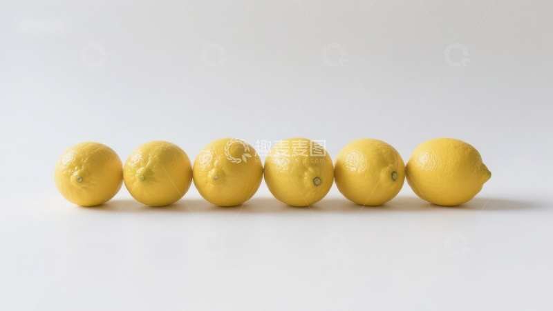 高清大图下载【趣麦麦图】六个柠檬整齐排列在白色背景上