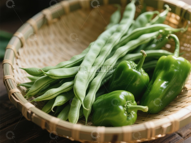 高清大图下载【趣麦麦图】竹篮中的新鲜绿豆角与青椒
