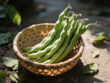 新鲜四季豆置于竹篮中