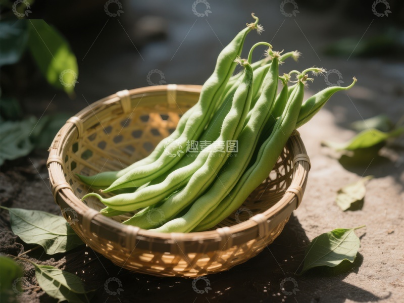高清大图下载【趣麦麦图】新鲜四季豆置于竹篮中