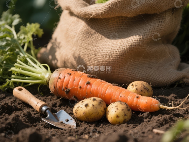 高清大图下载【趣麦麦图】新鲜胡萝卜与土豆旁的园艺工具