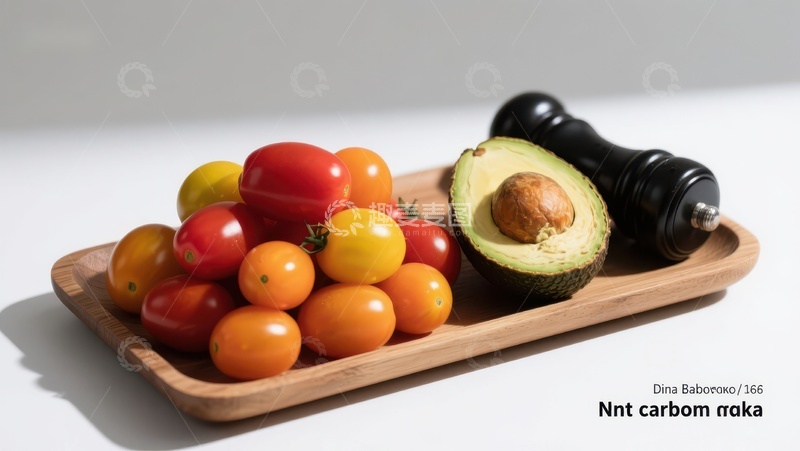 高清大图下载【趣麦麦图】木盘上的樱桃番茄与牛油果