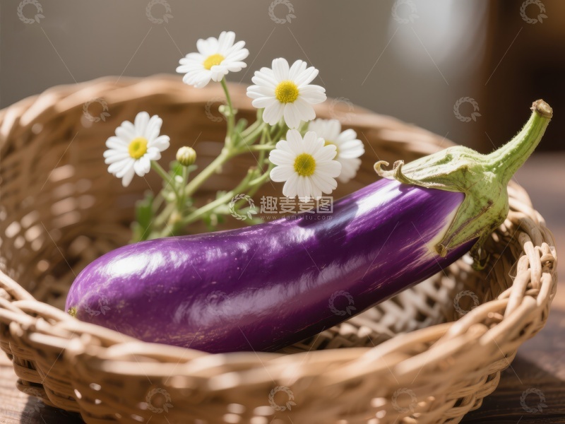 高清大图下载【趣麦麦图】篮中紫茄与雏菊的静谧组合