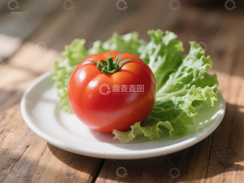 高清大图下载【趣麦麦图】新鲜番茄与生菜置于白色盘中