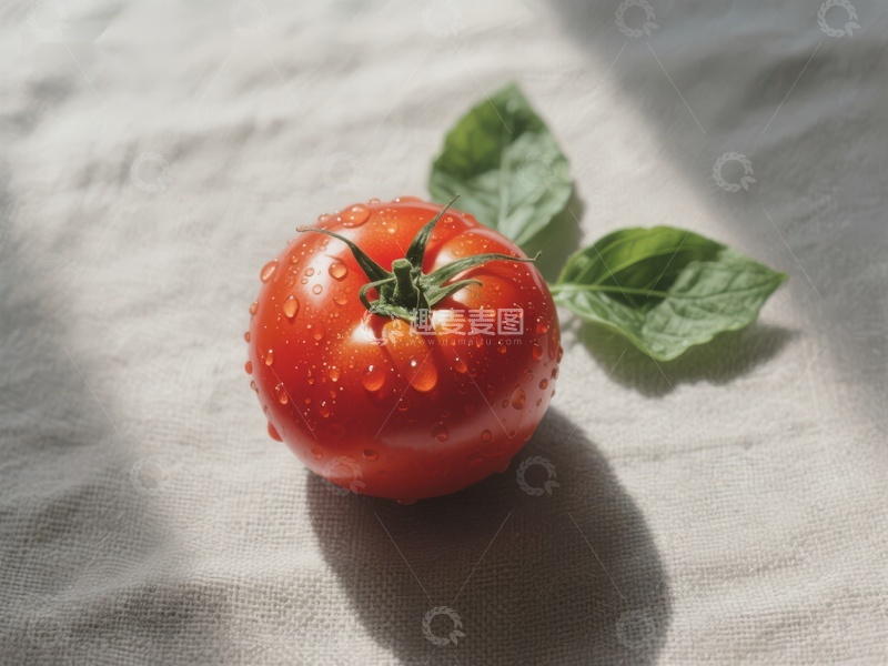 高清大图下载【趣麦麦图】新鲜番茄与绿叶的静物特写