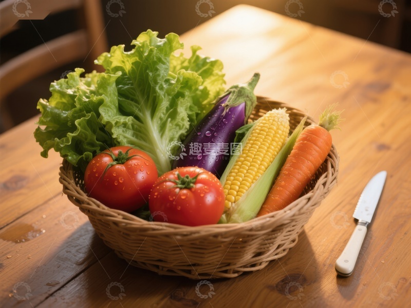 高清大图下载【趣麦麦图】新鲜蔬菜篮子置于木质桌面