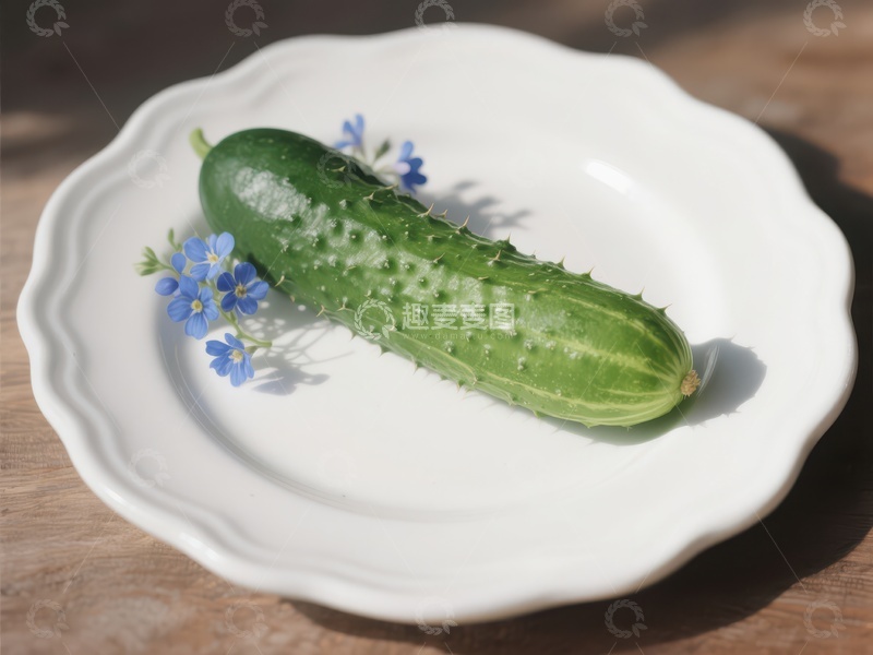 高清大图下载【趣麦麦图】新鲜黄瓜配蓝色小花置于白色盘中