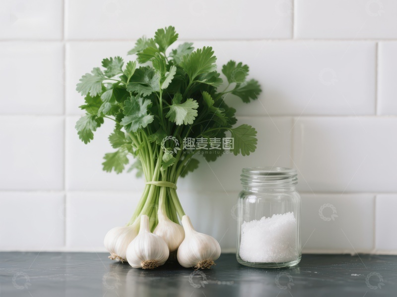 高清大图下载【趣麦麦图】香菜大蒜与盐罐静物组合