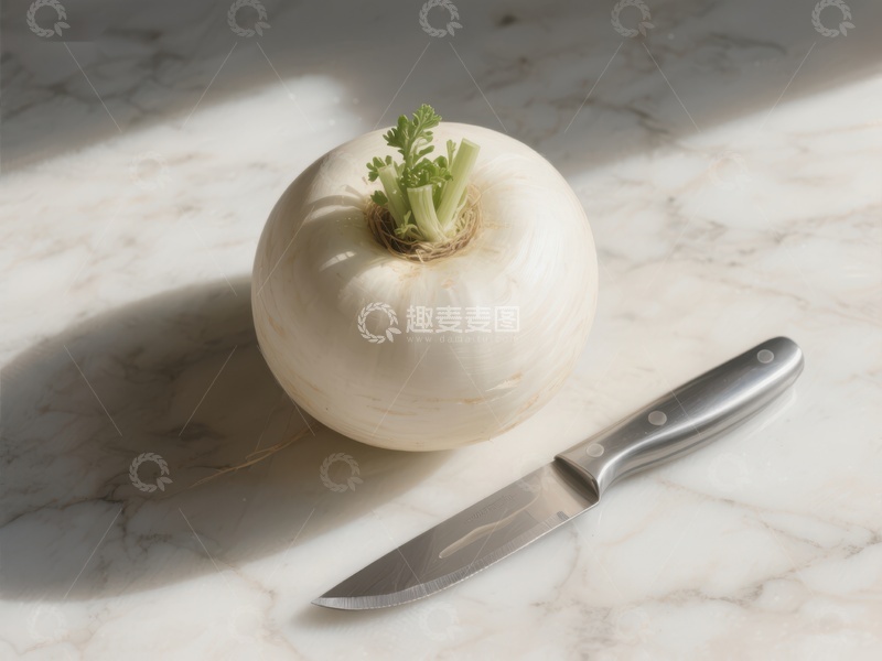 高清大图下载【趣麦麦图】白萝卜与刀具置于大理石台面