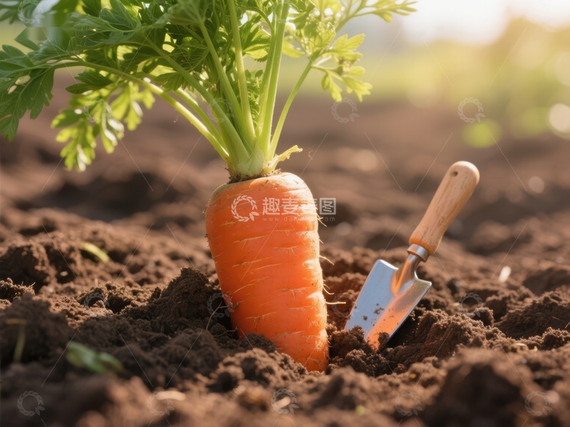 高清大图下载【趣麦麦图】新鲜胡萝卜与小铲子在泥土中