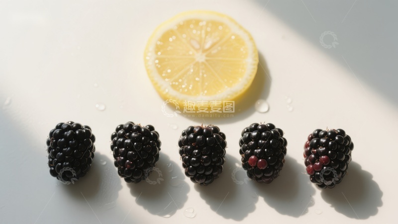 高清大图下载【趣麦麦图】柠檬切片与五颗黑莓的清新组合