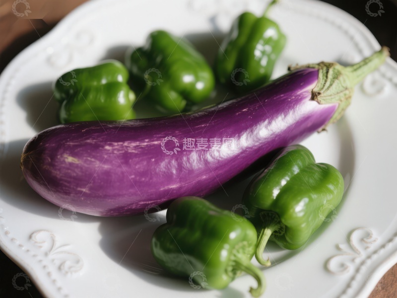 高清大图下载【趣麦麦图】紫色茄子与绿色辣椒的静物组合