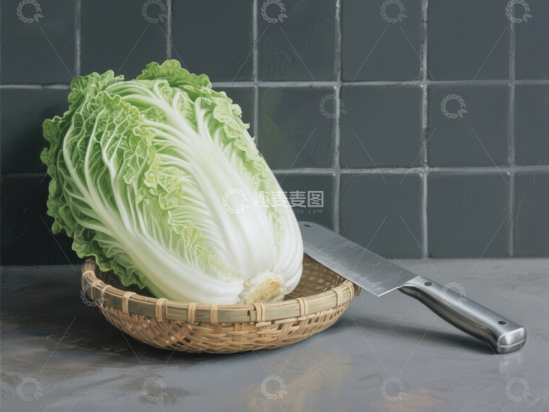 高清大图下载【趣麦麦图】新鲜白菜置于竹篮旁配菜刀