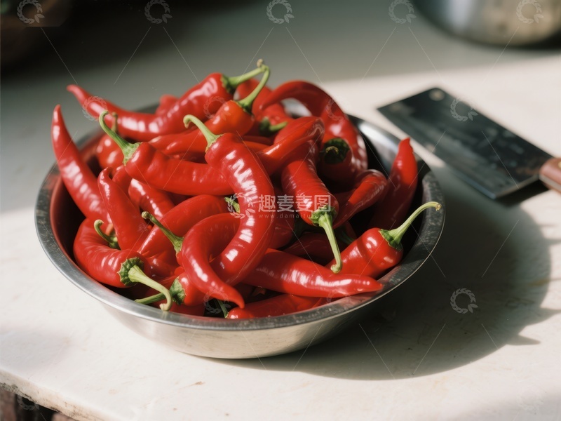 高清大图下载【趣麦麦图】新鲜红辣椒装满金属碗
