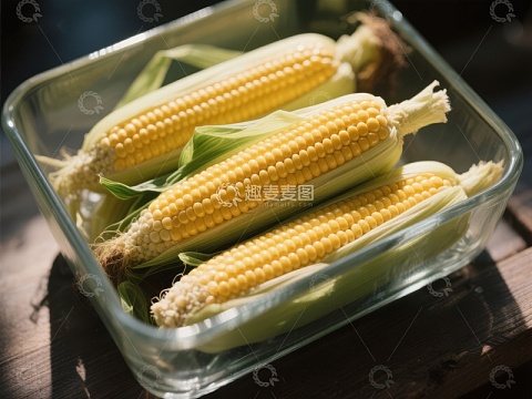 玻璃碗中的三根玉米