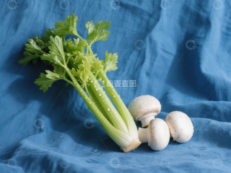 高清大图下载【趣麦麦图】芹菜与蘑菇蓝布背景静物