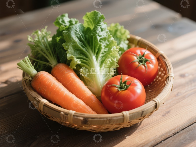 高清大图下载【趣麦麦图】新鲜蔬菜篮：胡萝卜、生菜与番茄