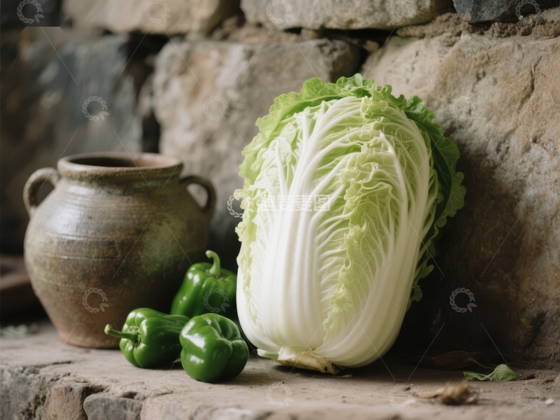 高清大图下载【趣麦麦图】新鲜白菜与青椒置于石墙旁
