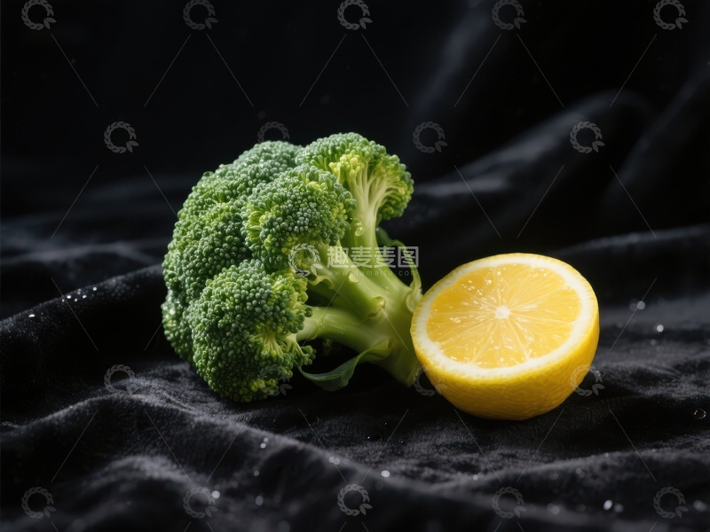 高清大图下载【趣麦麦图】西兰花与柠檬半切的对比静物