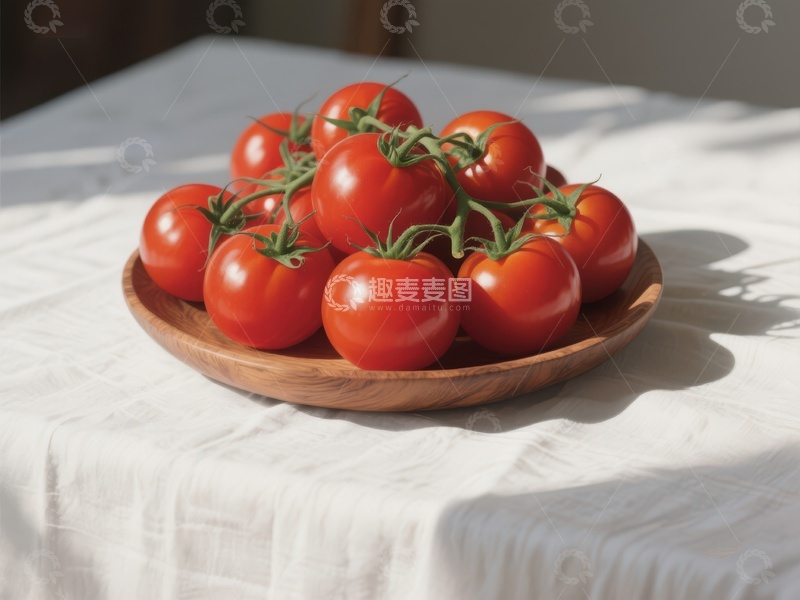 高清大图下载【趣麦麦图】新鲜番茄置于木质盘中