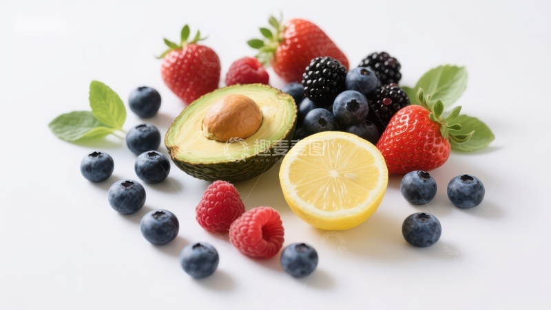 高清大图下载【趣麦麦图】新鲜水果组合：草莓、蓝莓、柠檬与牛油果