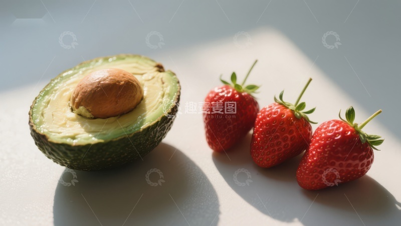 高清大图下载【趣麦麦图】新鲜牛油果与草莓的静物组合