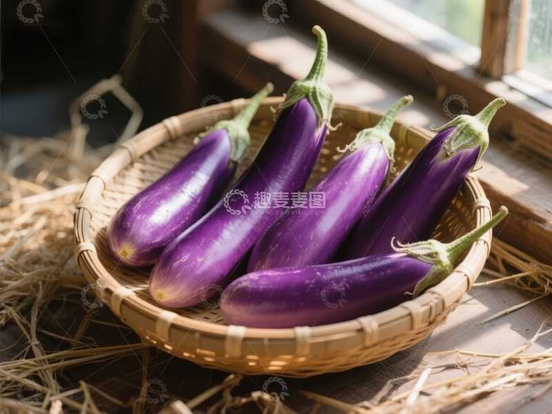 高清大图下载【趣麦麦图】篮子里的新鲜紫色茄子