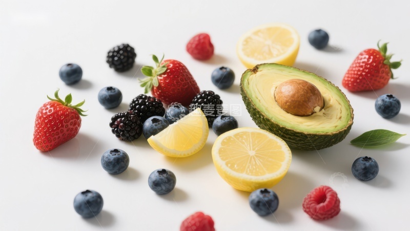 高清大图下载【趣麦麦图】新鲜水果拼盘：草莓、蓝莓与柠檬