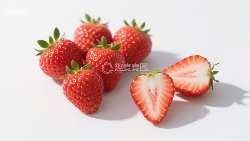 高清大图下载【趣麦麦图】新鲜草莓特写，一半切开展示内部