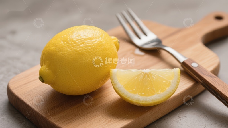高清大图下载【趣麦麦图】柠檬切片与叉子置于木制砧板