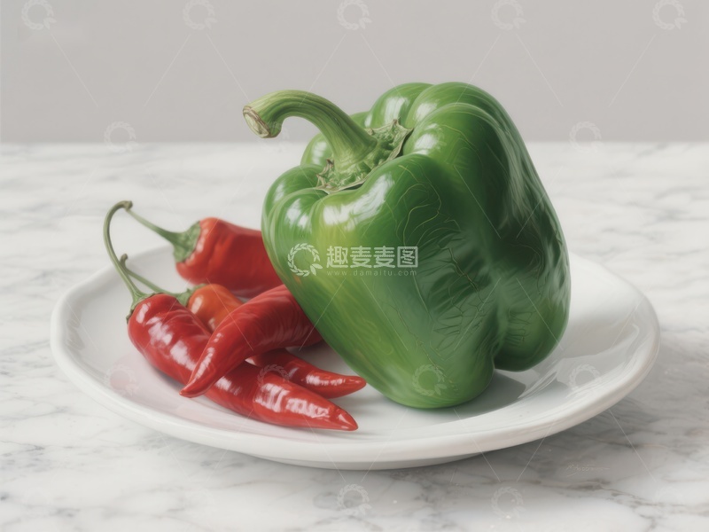 高清大图下载【趣麦麦图】绿椒与红辣椒置于白色盘中