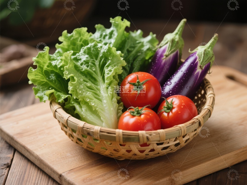 高清大图下载【趣麦麦图】新鲜蔬菜篮：生菜、番茄与茄子