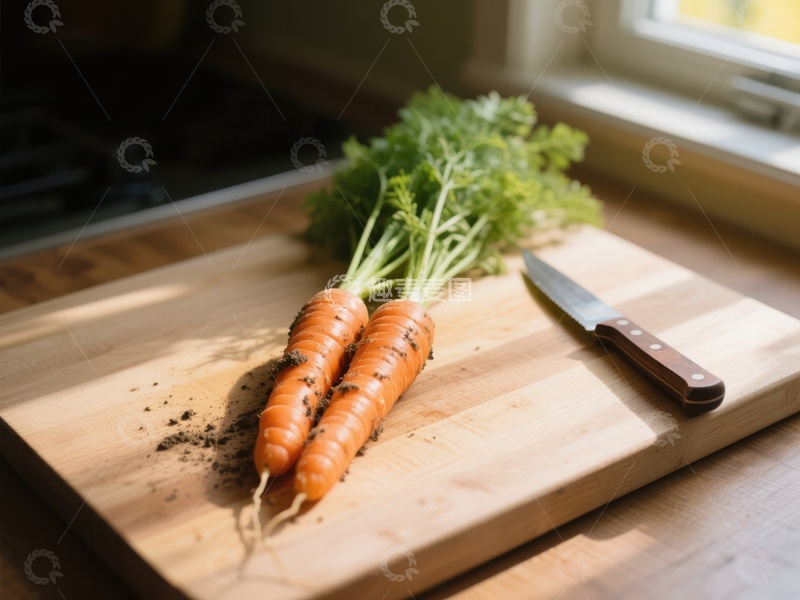 高清大图下载【趣麦麦图】新鲜胡萝卜置于木质砧板上