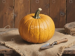 木桌上摆放的南瓜与铲子