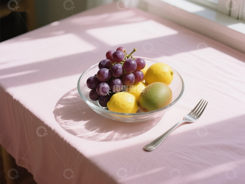 高清大图下载【趣麦麦图】水果静物：葡萄、柠檬与奇异果