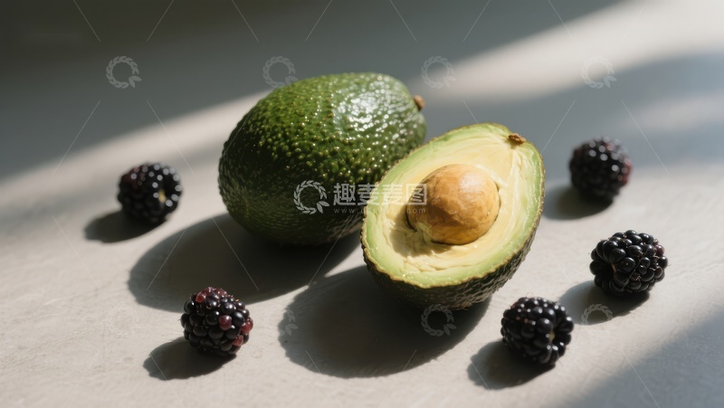 高清大图下载【趣麦麦图】新鲜牛油果与黑莓的静物组合