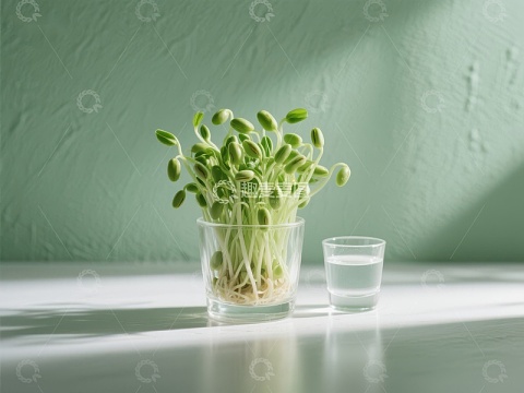 玻璃杯中的豆芽与清水