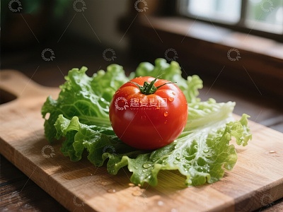 新鲜番茄置于生菜上的木板