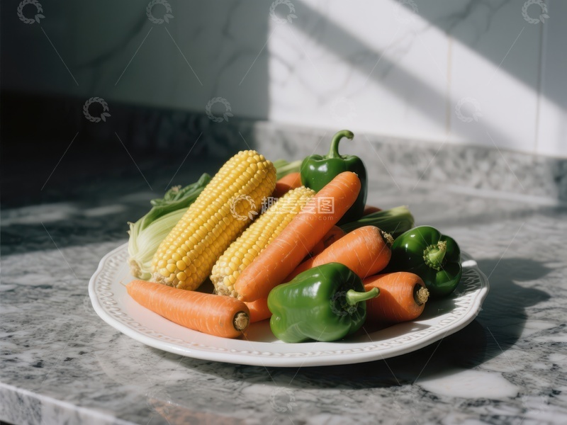 高清大图下载【趣麦麦图】新鲜蔬菜盘：玉米、胡萝卜与青椒