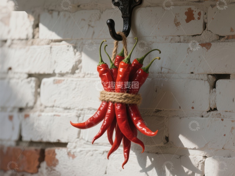 高清大图下载【趣麦麦图】红辣椒串挂在砖墙上的挂钩