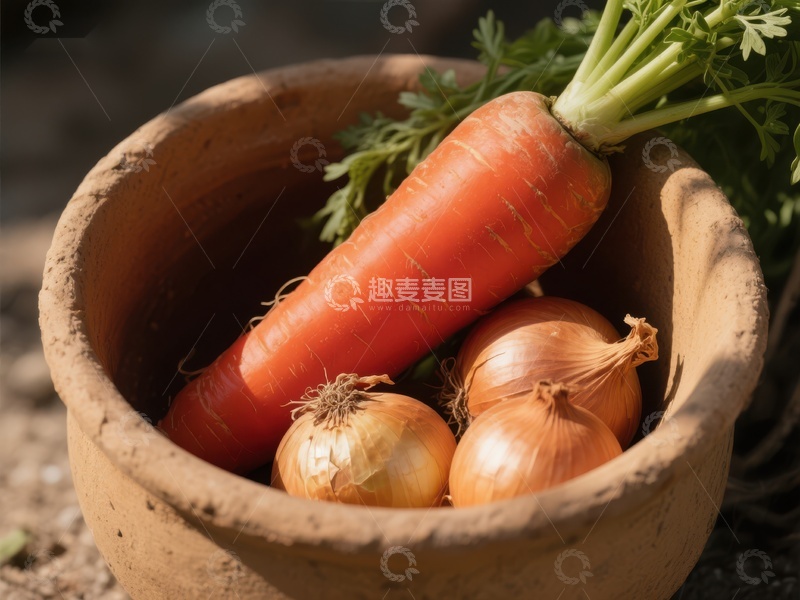 高清大图下载【趣麦麦图】陶碗中的胡萝卜与洋葱
